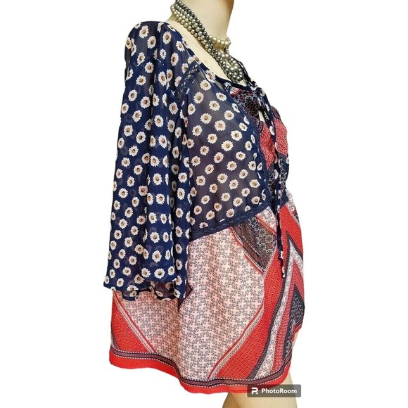 Valerie Stevens Plus Size 2X Tie Front Flowy Slightly Sheer Hippie Boho Top - Picture 1 of 8